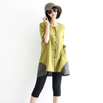 襯衫 森林系色塊拼接下襬棉麻上衣 預購【51-12-8372738】ibella 艾貝拉