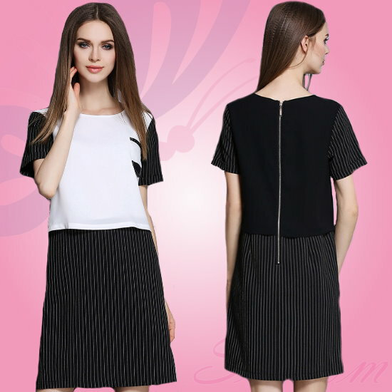 【Seldom】A1605041春夏新款優雅條紋假兩件式連身裙