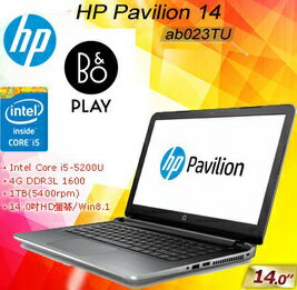 HP Pavilion Notebook 14-ab023TU TW B&O Play音效星空銀 1TB大硬碟  14W/i5-5200U /1T/4G/WIN8.1pro 64bit  