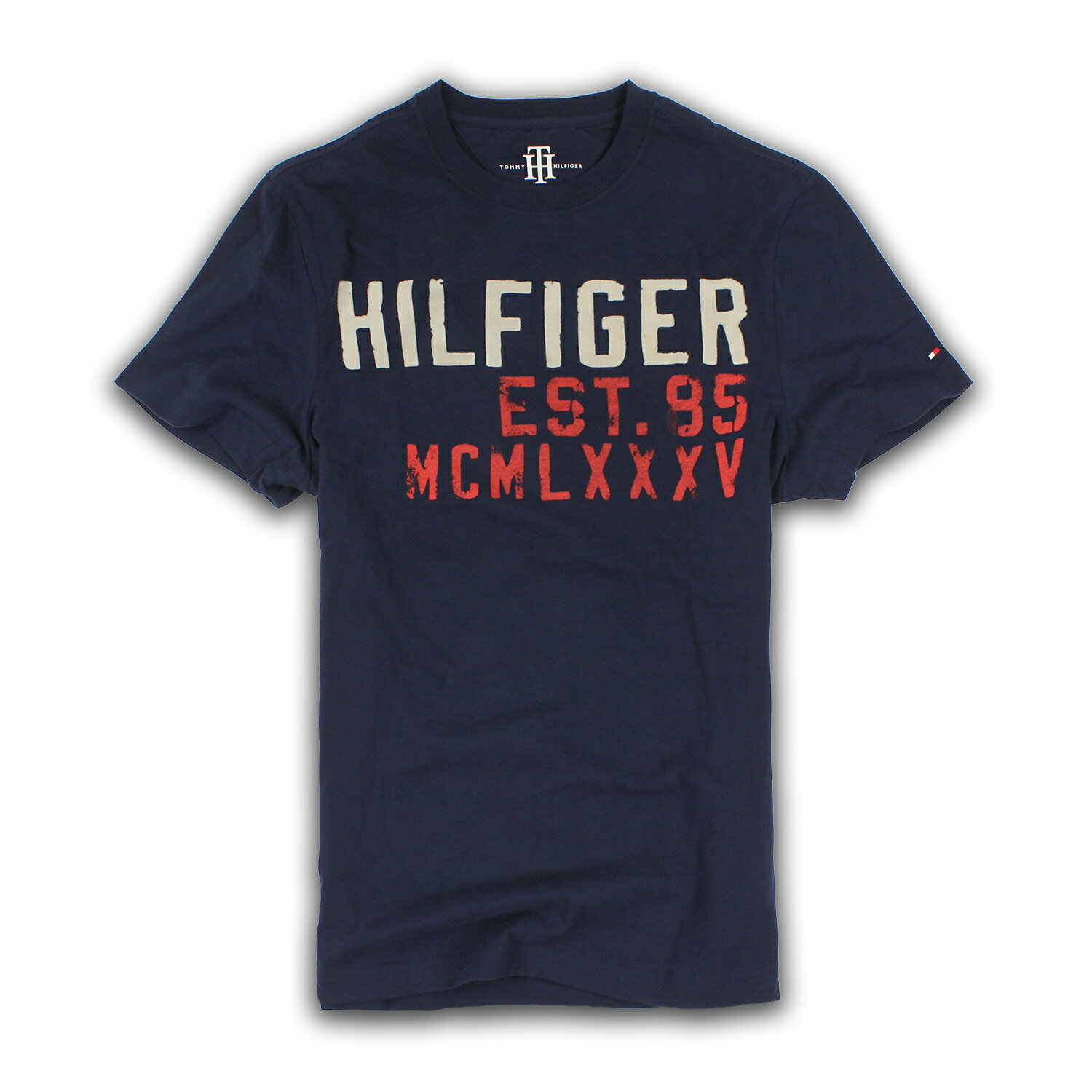 美國百分百【Tommy Hilfiger】T恤 TH 男 圓領 T-shirt 短袖 短T 深藍 文字 XS號 F323