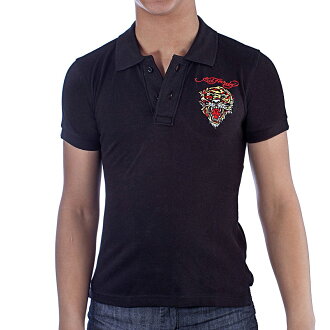 美國百分百【ED HARDY】Polo衫 短袖 網眼 素面 虎頭 刺繡 經典 黑色 男 XXS XS號 F329