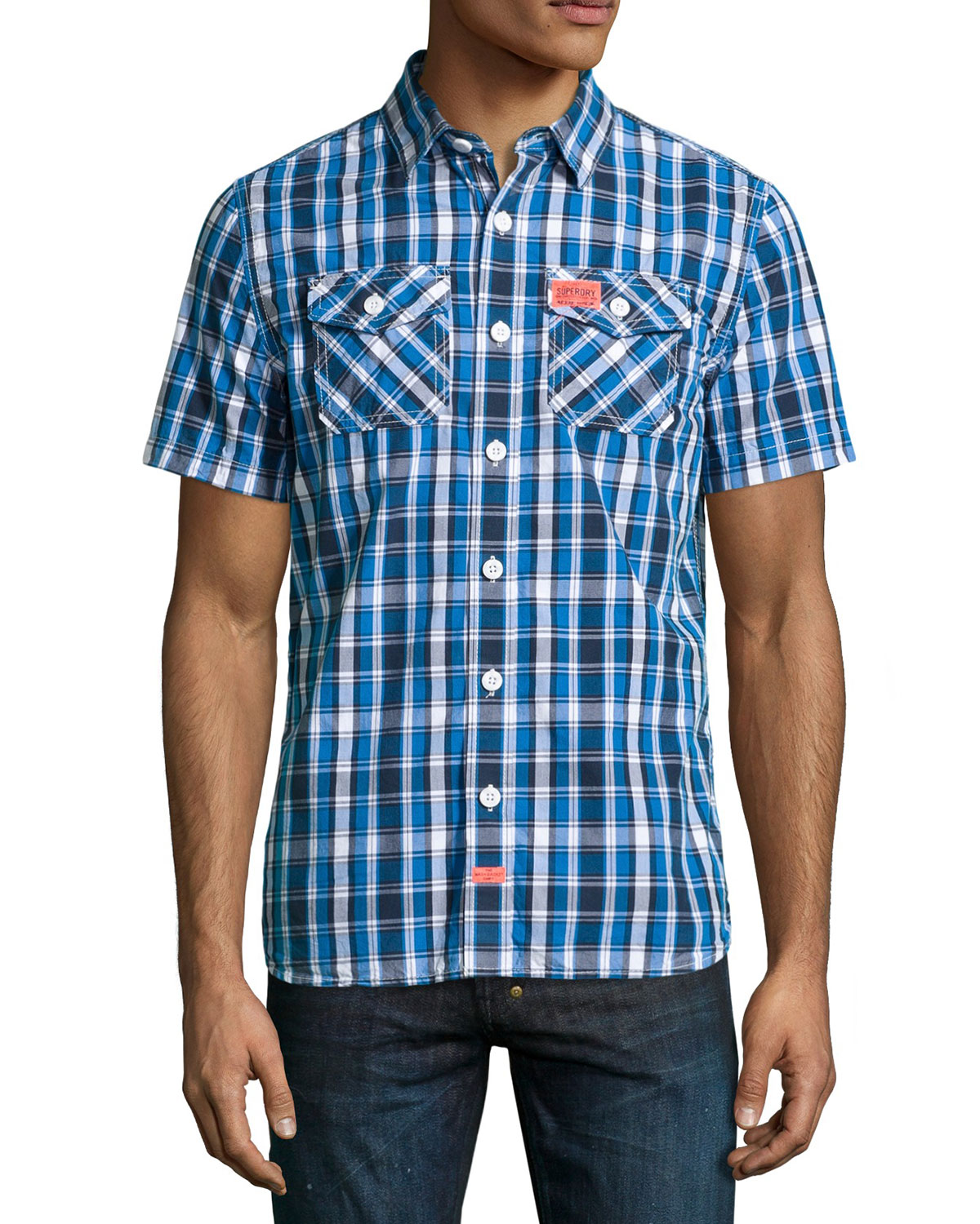 美國百分百【全新真品】Superdry 襯衫 短袖 上衣 格紋 雙口袋 深藍 藍色 極度乾燥 男 M L號 F338