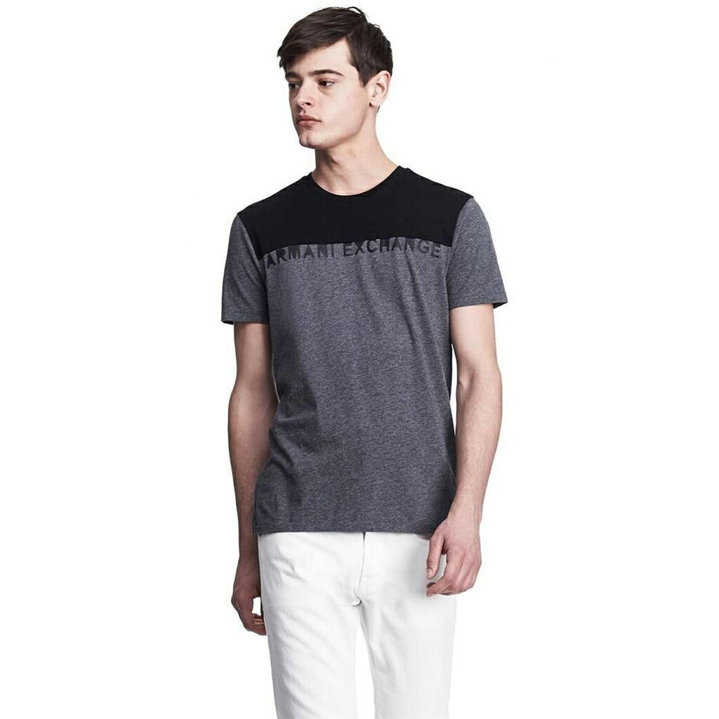 美國百分百【Armani Exchange】T恤 AX 短袖 T-shirt 圓領 拼色 logo 黑灰 S號 F344