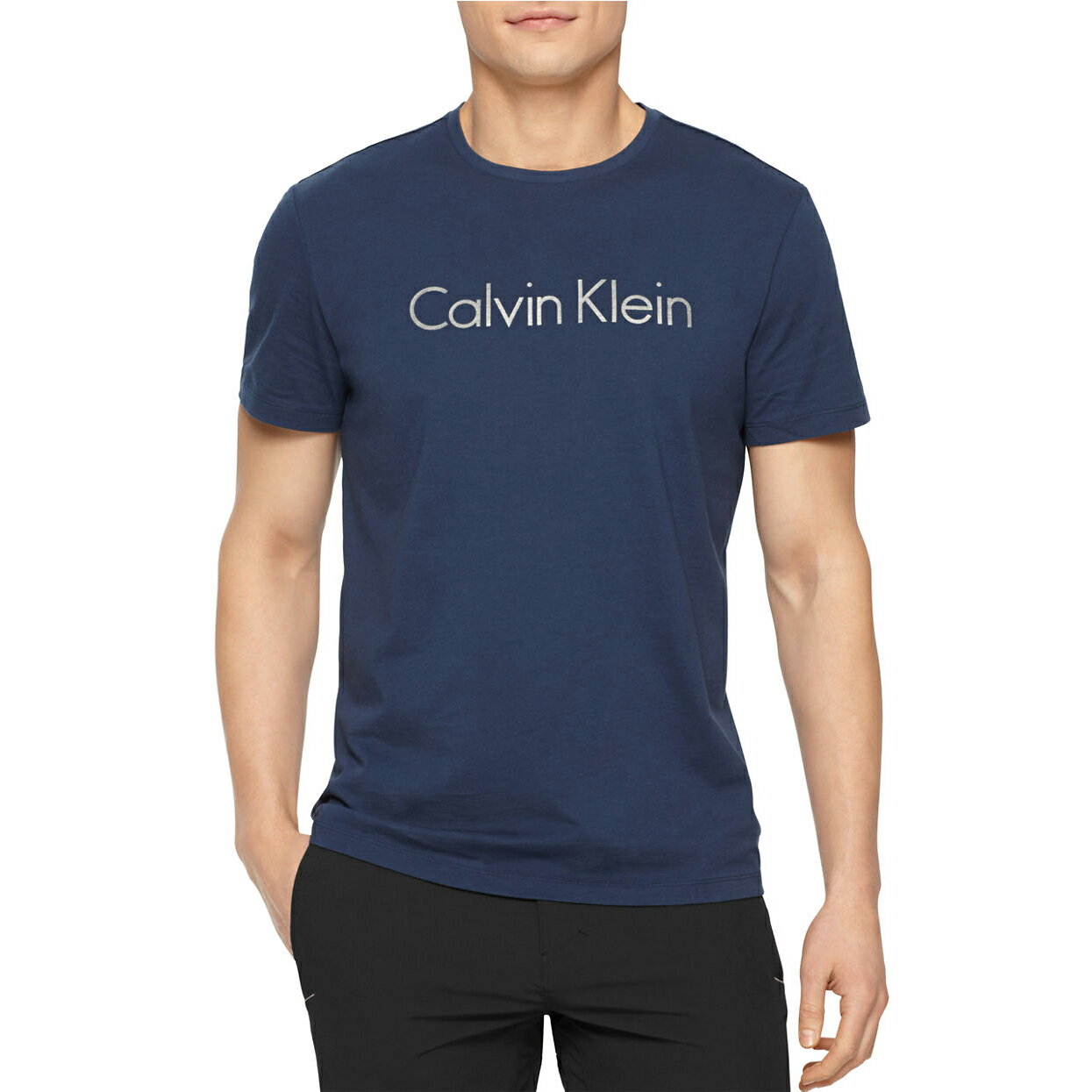 美國百分百【Calvin Klein】T恤 CK logo 短袖 T-shirt 短T 深藍 男 燙字 M號 F385