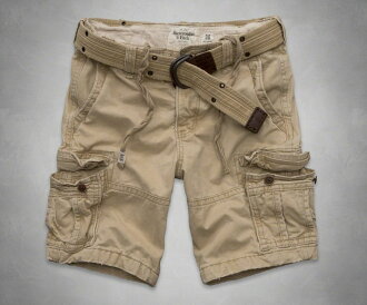 美國百分百【Abercrombie & Fitch】褲子 AF 短褲 休閒 麋鹿 卡其 皮帶 口袋 男 26 32腰 C207