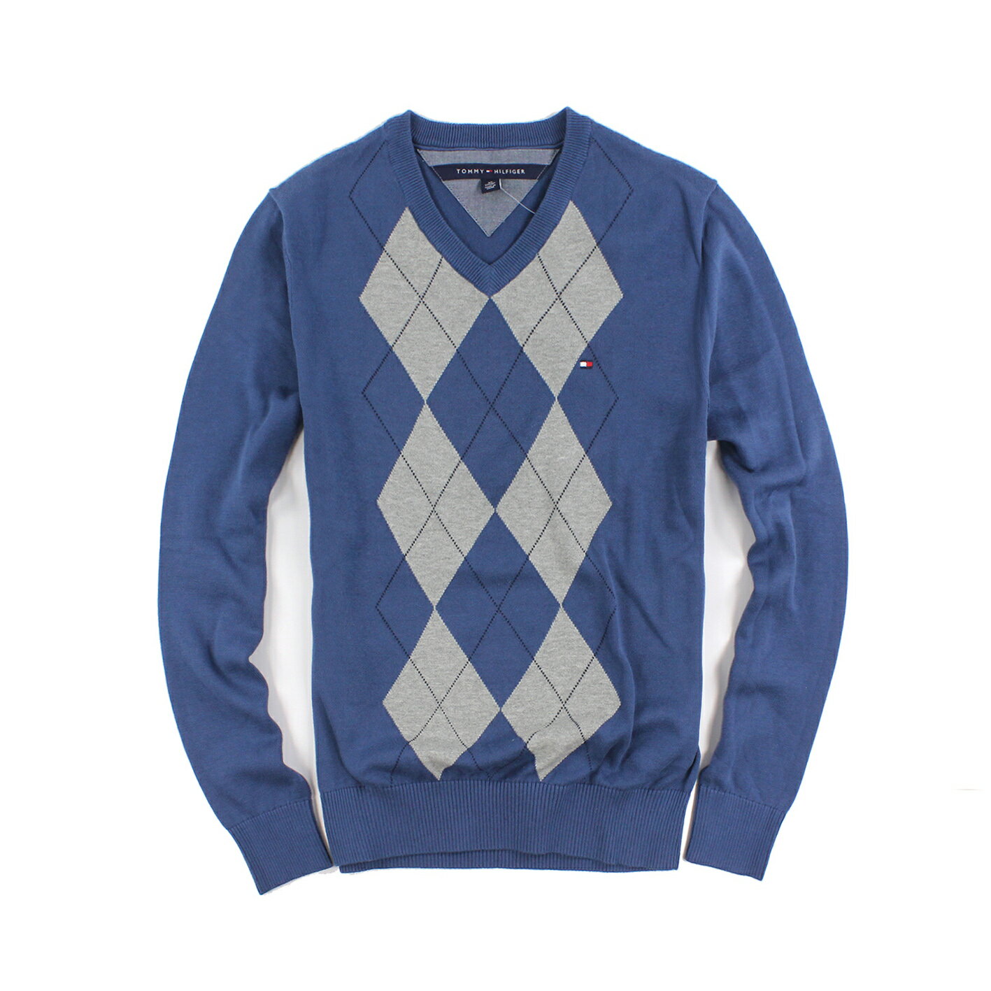 美國百分百【Tommy Hilfiger】針織衫 TH 線衫 毛衣 菱格 格紋 V領 學院風 藍灰 XS號 F607