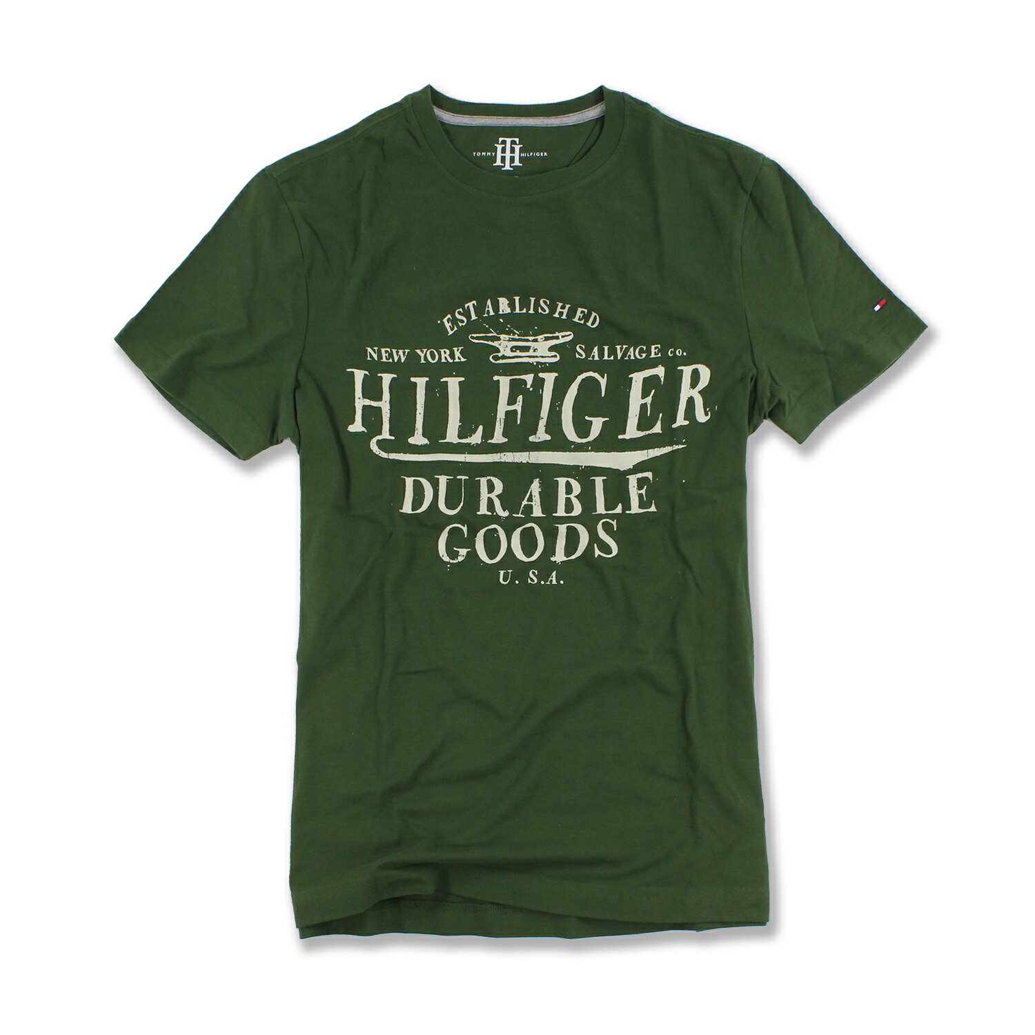美國百分百【Tommy Hilfiger】T恤 TH 男 圓領 T-shirt 短袖 文字 復古 綠色 XS號 F616