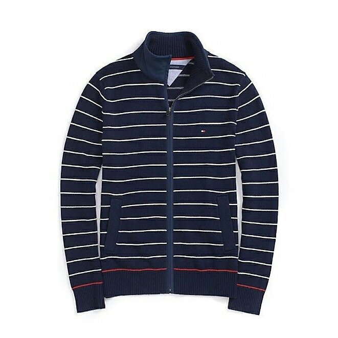美國百分百【全新真品】Tommy Hilfiger 外套 針織衫 TH 線衫 毛衣 立領 條紋 深藍 S號 F774