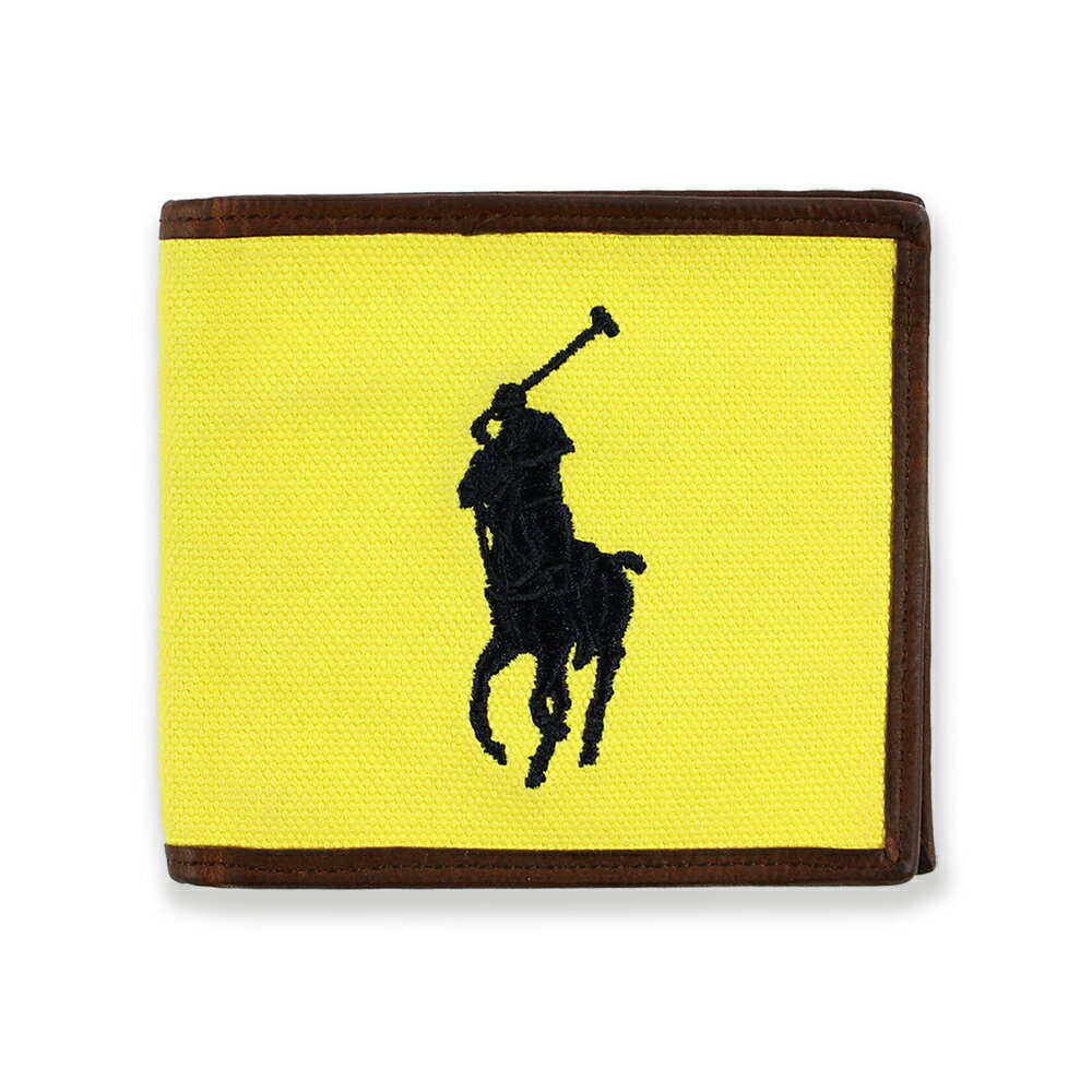 美國百分百【全新真品】Ralph Lauren 皮夾 RL 短夾 Polo 帆布 大馬 鈔票 名片 黃底深藍馬 C492