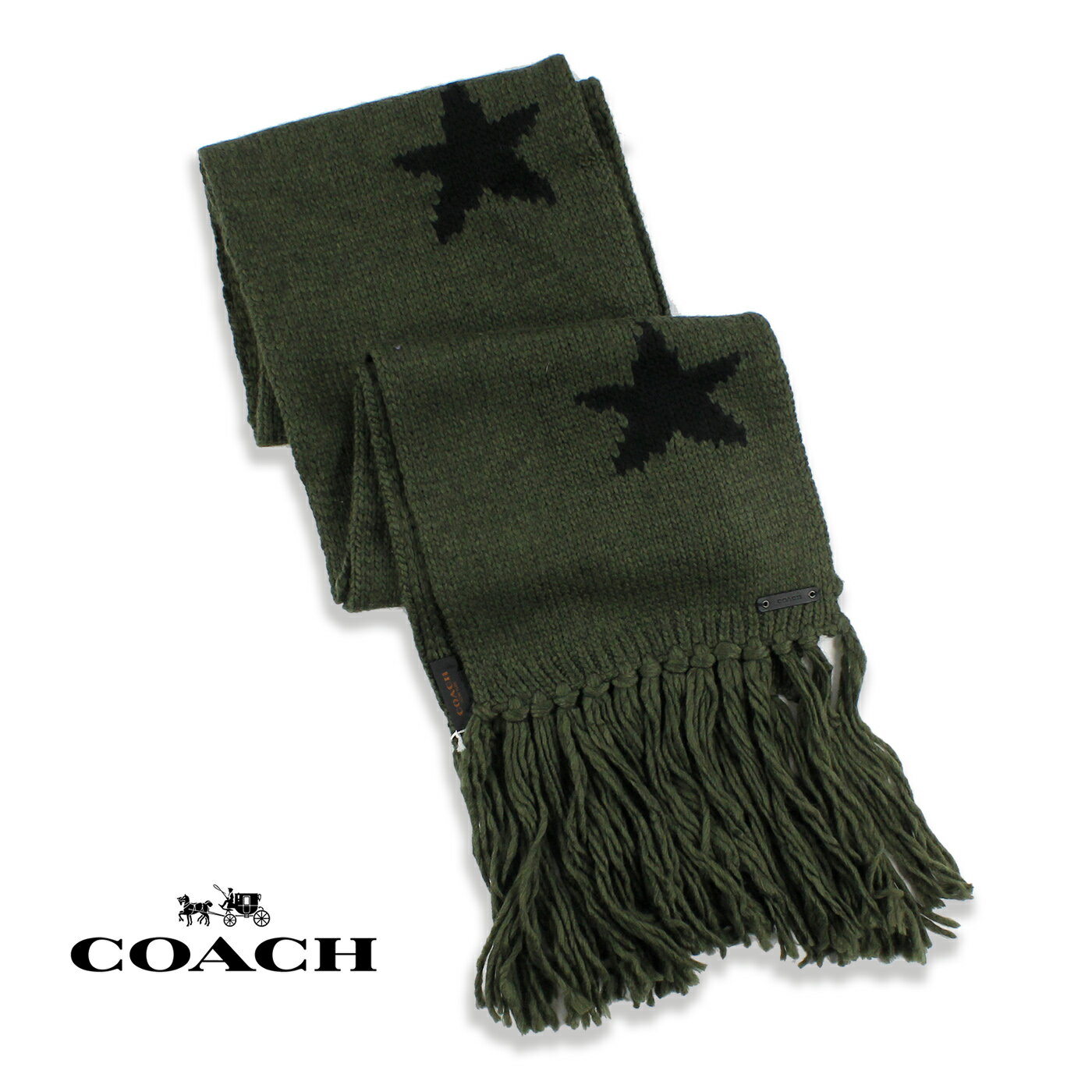 美國百分百【全新真品】COACH 圍巾 針織 配件 披肩 毛線 86021 保暖 羊毛 星星 男 女 軍綠色 G198