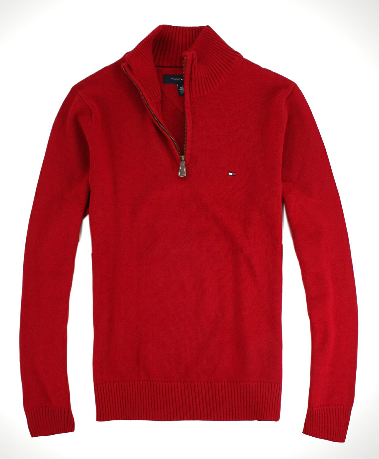美國百分百【全新真品】Tommy Hilfiger TH 男款 針織衫 立領毛衣 半拉夾克 上衣 紅 免運 M號