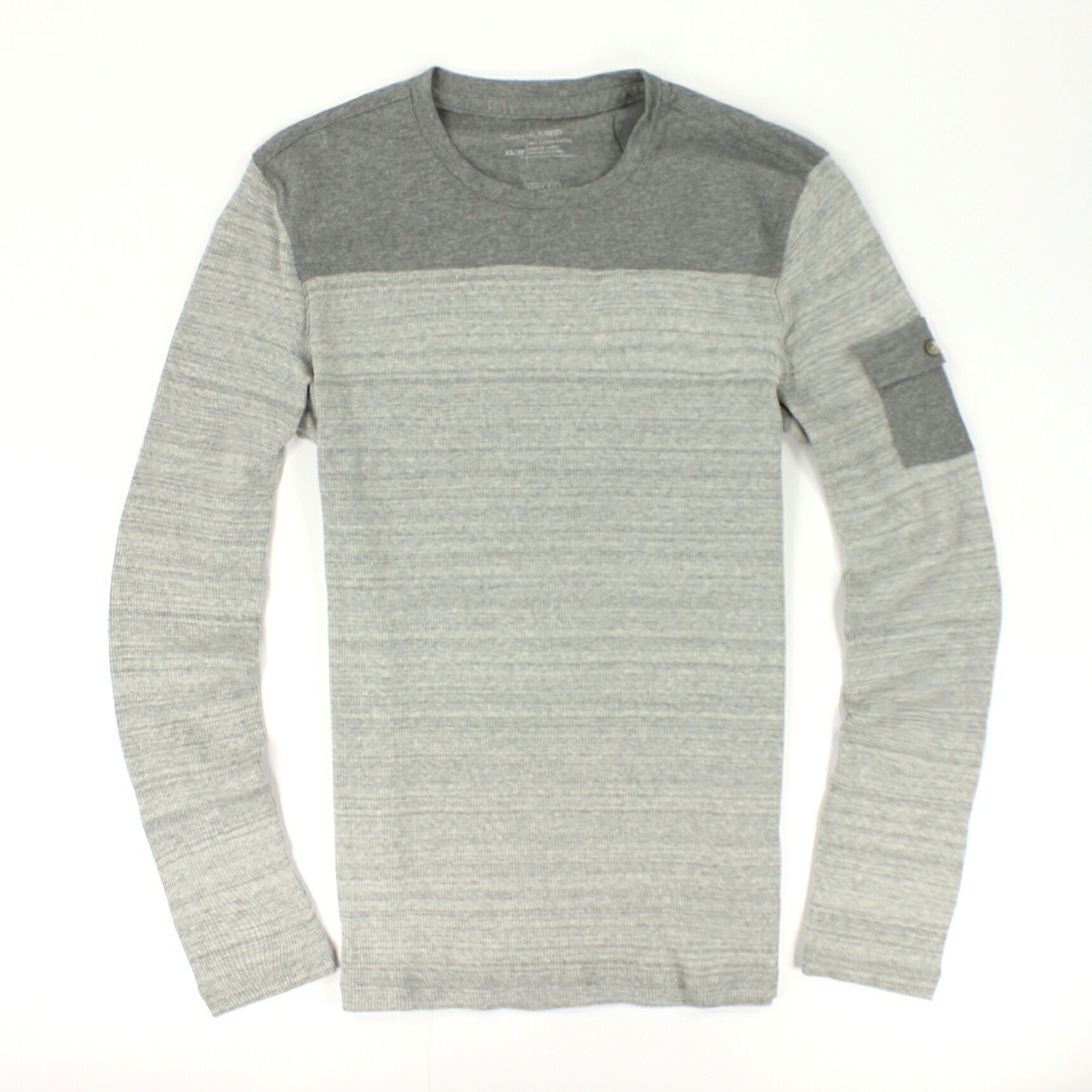 美國百分百【全新真品 】Calvin Klein T恤 CK 長袖 T-shirt 灰色 素面 條紋 柔軟 彈性 雙布料 男 XS號