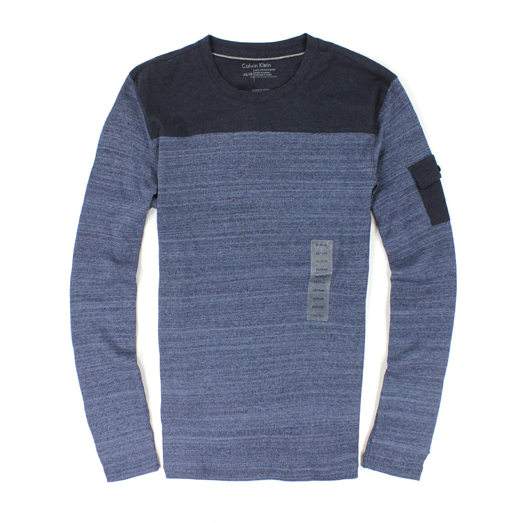 美國百分百【全新真品 】Calvin Klein T恤 CK 長袖 T-shirt 藍 素面 條紋 柔軟 彈性 雙布料 男 XS