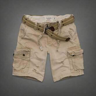 美國百分百【全新真品 】Abercrombie & Fitch 褲子 AF 短褲 五分褲 Cargo 麋鹿 卡其 皮帶 男 31 32腰