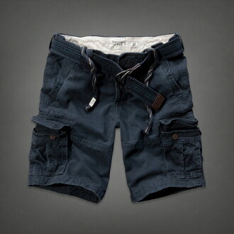 美國百分百【全新真品】Abercrombie & Fitch 褲子 AF 短褲 休閒 麋鹿 深藍 皮帶 口袋 30 男 C207