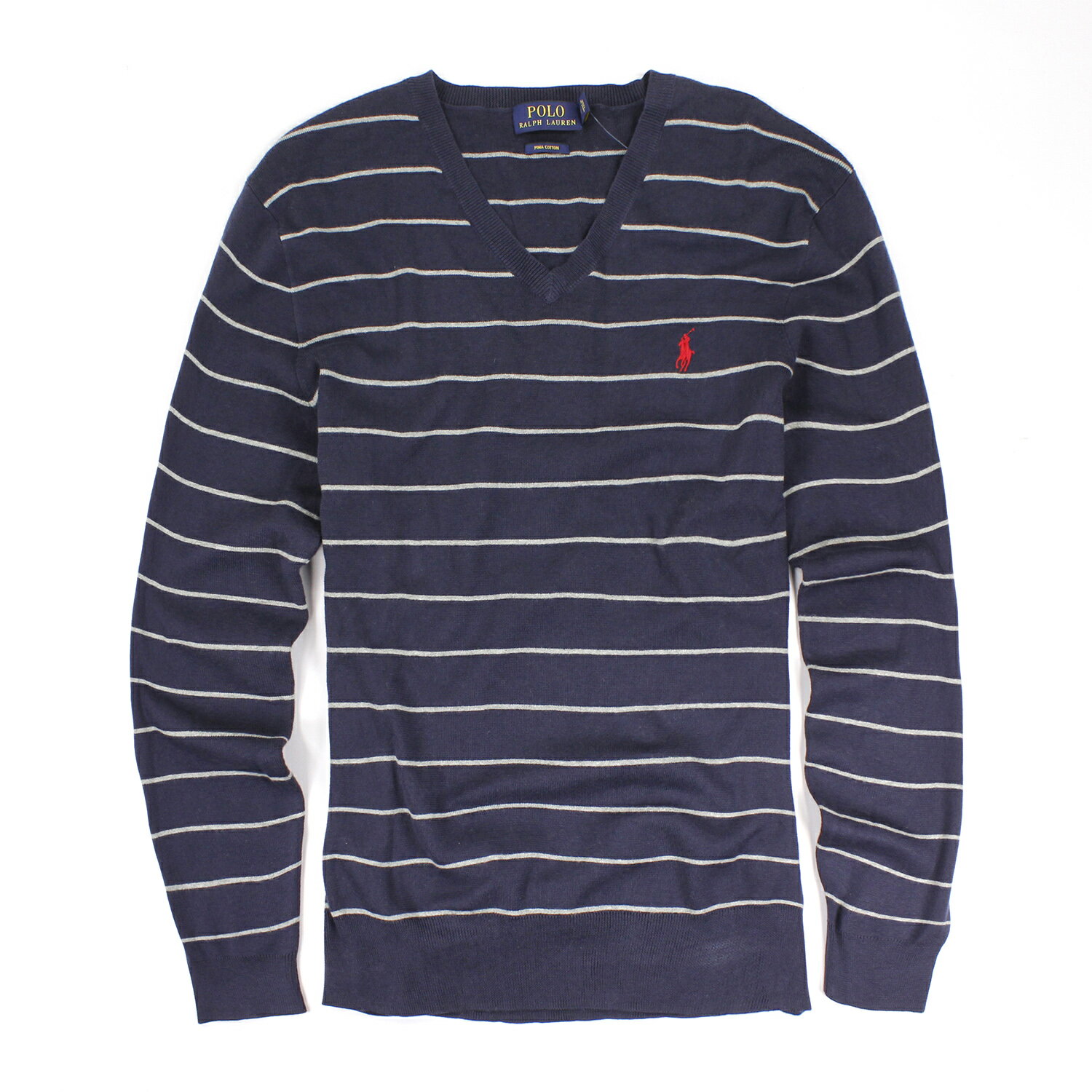 美國百分百【全新真品】Ralph Lauren 針織衫 RL 線衫 V領 Polo 小馬 深藍 條紋 長袖 M E395