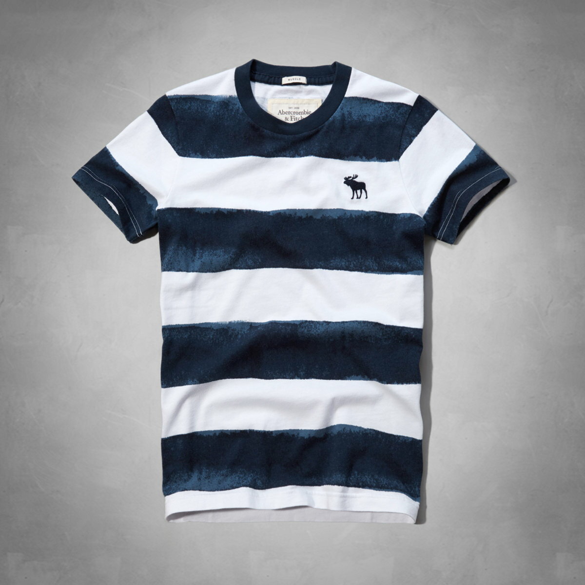美國百分百【全新真品】Abercrombie & Fitch T恤 AF 短袖 T-shirt 麋鹿 深藍 條紋 圓領 Logo 男 L XL號
