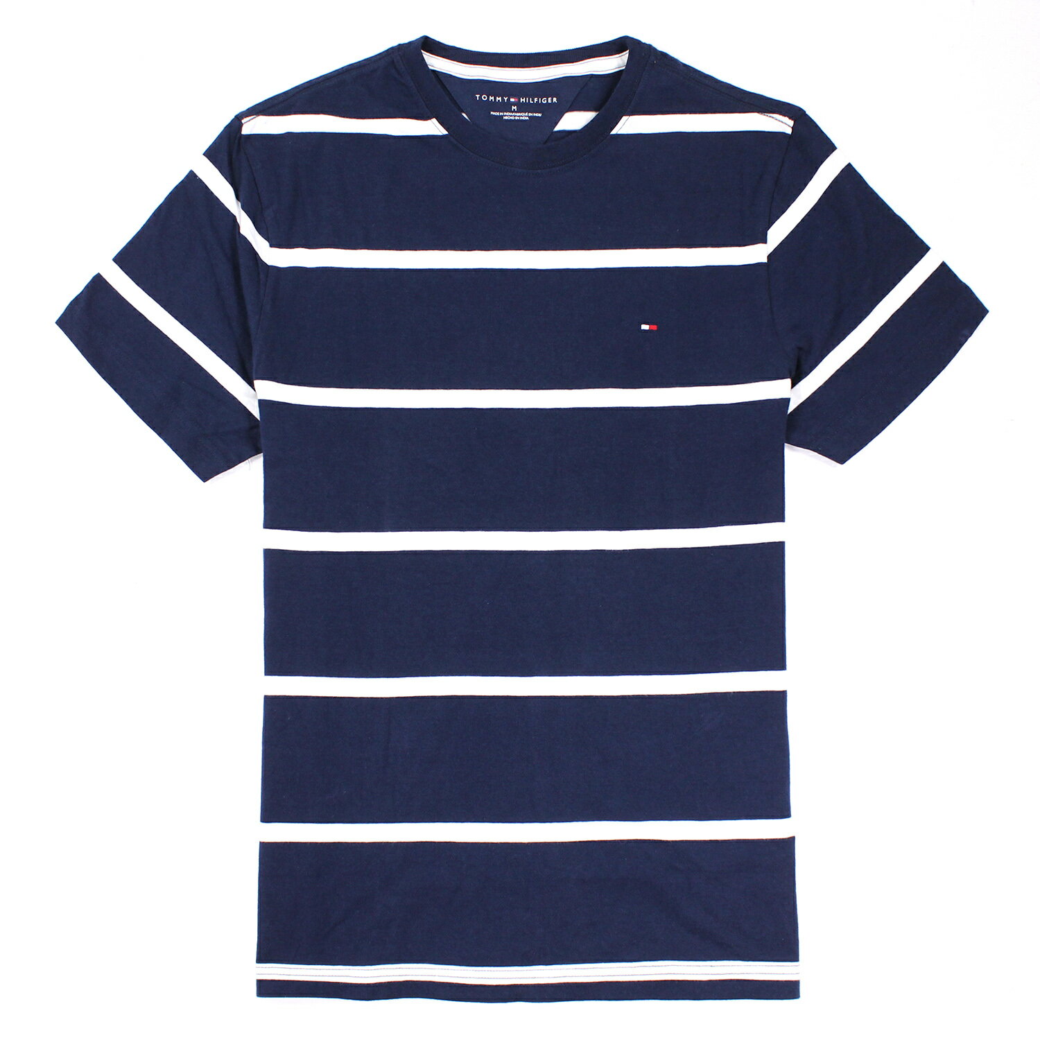 美國百分百【全新真品】Tommy Hilfiger T恤 TH 男 圓領 T-shirt 短袖 條紋 深藍色 M號 E675