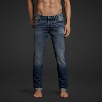 美國百分百【Abercrombie & Fitch】牛仔褲 AF 窄管 長褲 藍 刷色 洗舊 刷白 男 31腰 E691