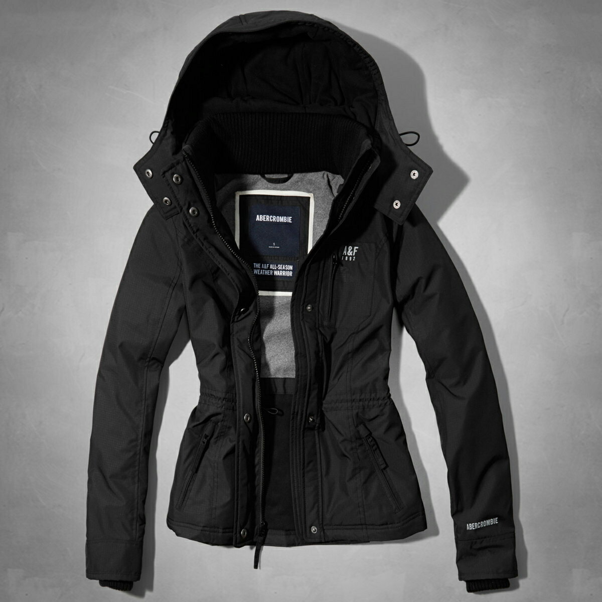 美國百分百【Abercrombie & Fitch】外套 AF 立領 夾克 麋鹿 黑色 風衣 保暖 女 XS號 E494