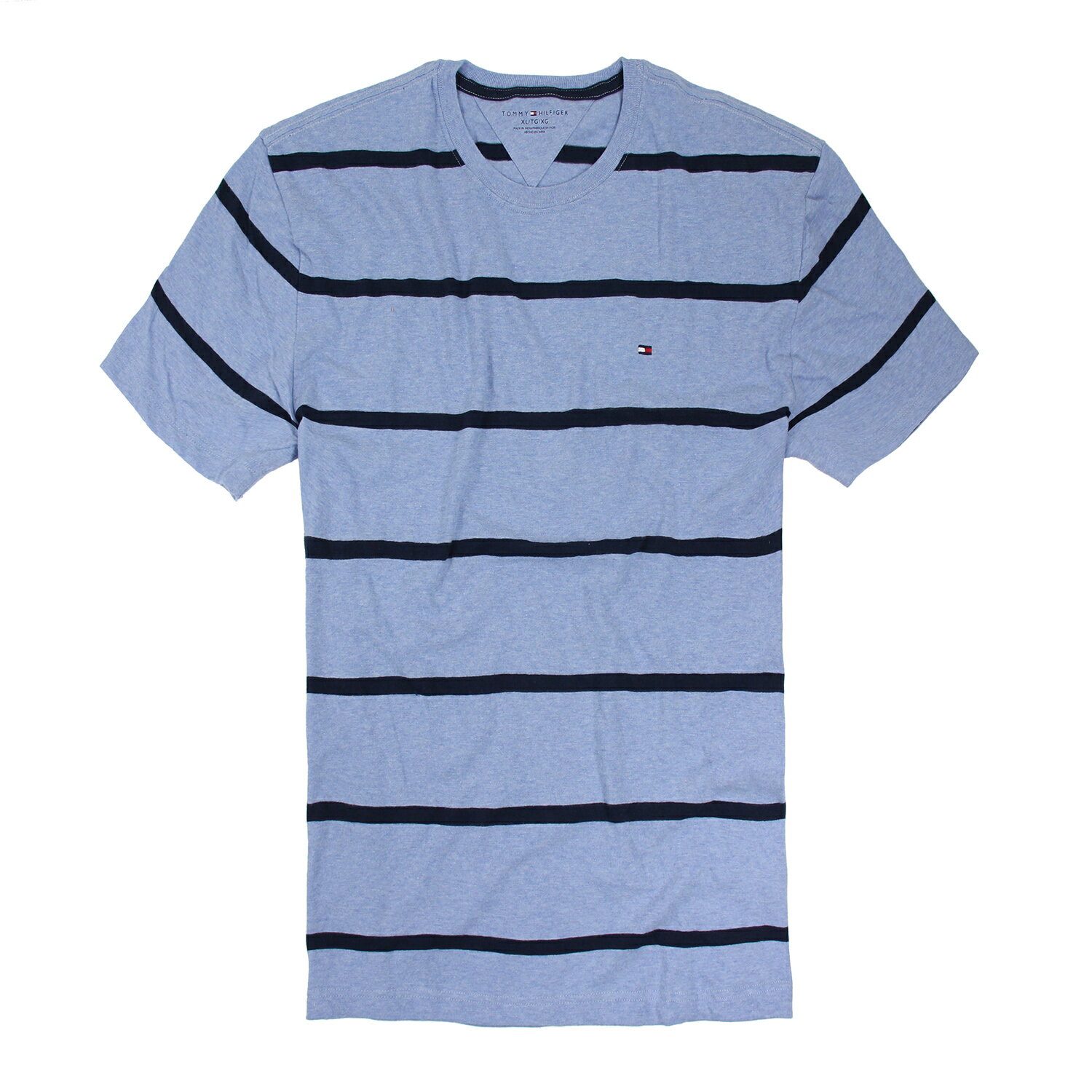 美國百分百【Tommy Hilfiger】T恤 TH 男 圓領 T-shirt 短袖 條紋 淺藍 深藍 XL E675