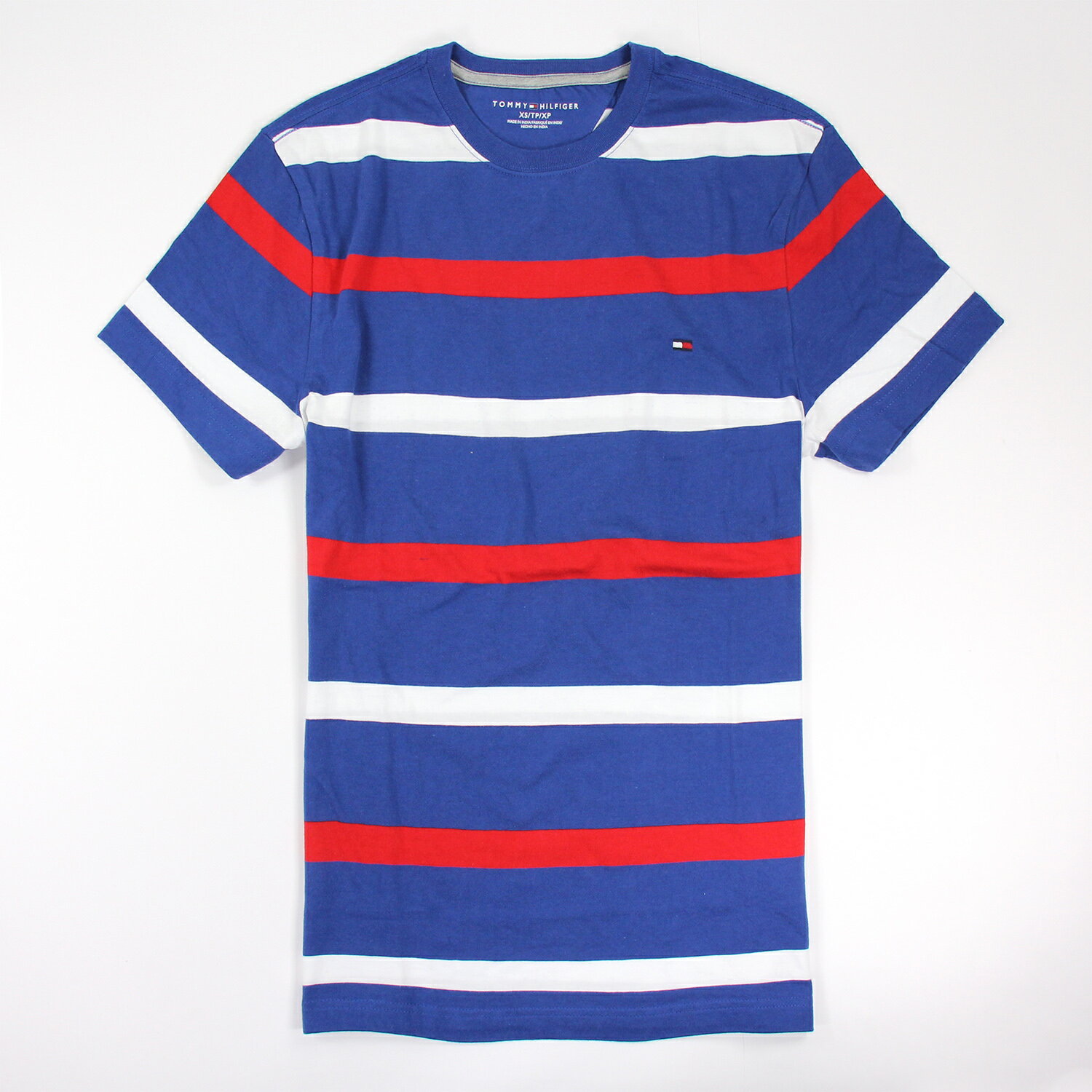 美國百分百【Tommy Hilfiger】T恤 TH 男 圓領 T-shirt 短袖 條紋 藍 紅白 XS S E871