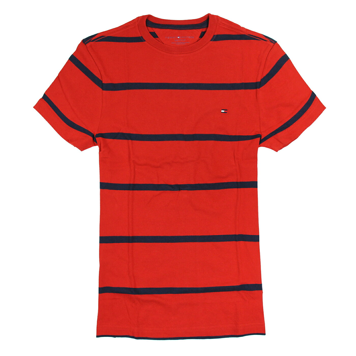 美國百分百【Tommy Hilfiger】T恤 TH 男 圓領 T-shirt 短袖 條紋 紅 深藍 XS S E675