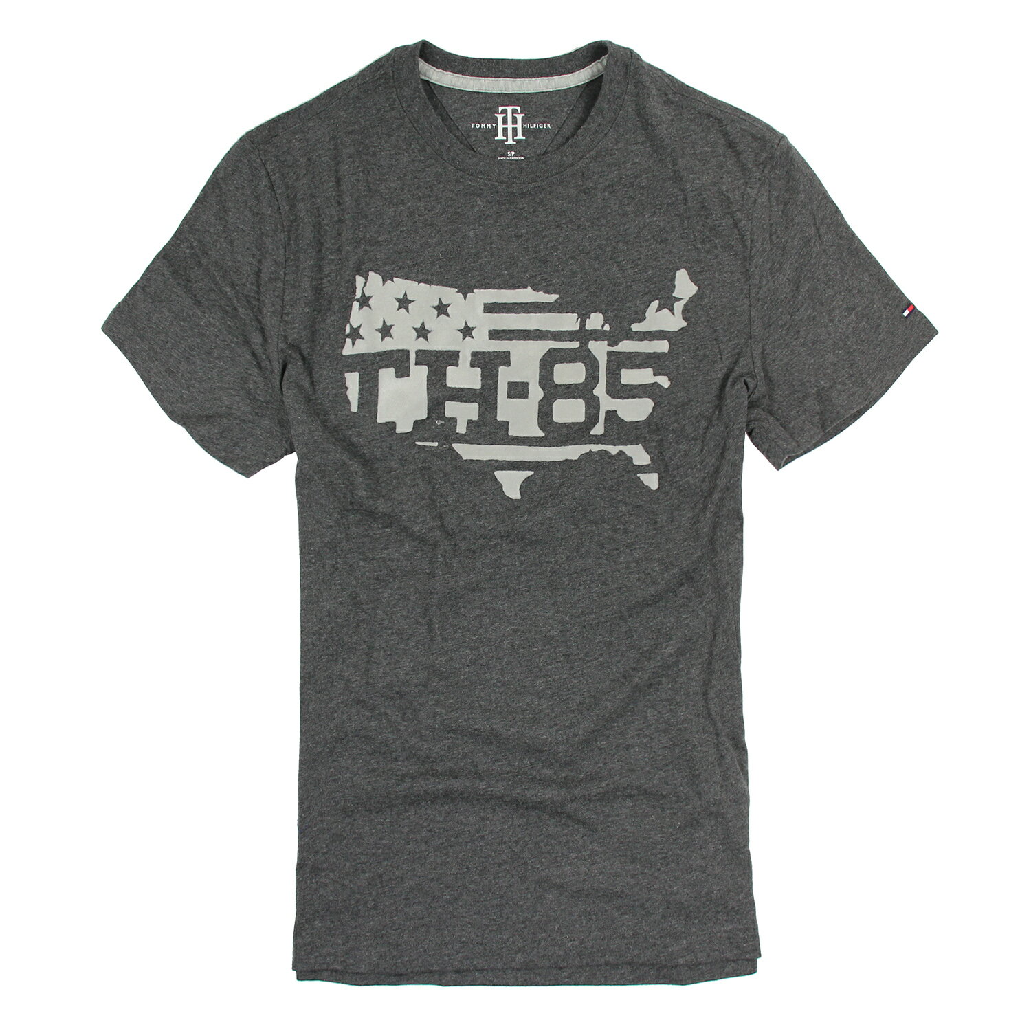美國百分百【Tommy Hilfiger】T恤 TH 男 圓領 T-shirt 短袖 地圖 絨布 深灰 S號 E945