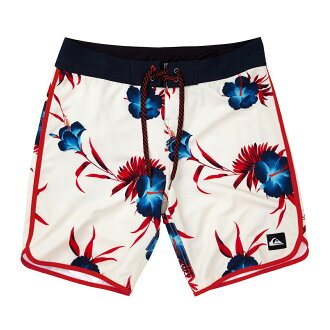 美國百分百【全新真品】Quiksilver 海灘褲 男 短褲 泳褲 沙灘褲 衝浪褲 扶桑花 深藍 白色 復古 E974