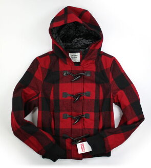 美國百分百【全新真品】Levis 女生 羊毛 連帽外套 保暖 夾克 厚實 紅色蘇格蘭 M號 超取免運
