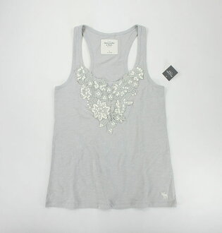 美國百分百【全新真品】Abercrombie&Fitch A&F 女生上衣 亮片 繡花 鉤針 無袖 挖背 背心 淺灰 S