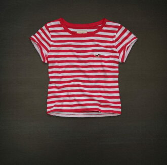 美國百分百【全新真品】Hollister Co 女款 短版 條紋 口袋 海鷗 短T T恤 桃紅 深藍 S號 超取