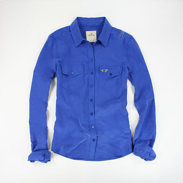 美國百分百【全新真品】Hollister Co HCO model光澤 柔軟 顯瘦 單寧藍色 口袋 女款 襯衫 L號