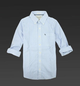 美國百分百【全新真品】Abercrombie & Fitch AF A&F 麋鹿 男 粉藍 直條紋 長袖襯衫 普普風 M號