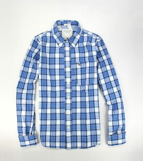 美國百分百【全新真品】Abercrombie & Fitch AF A&F 麋鹿 男 繽紛藍 寬格紋 長袖襯衫 免運 L號