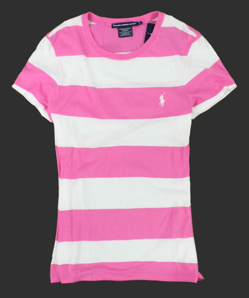 美國百分百【全新真品】Ralph Lauren 女生 短袖 T-shirt T恤 上衣 桃紅 條紋 L號 板橋門市 RL POLO