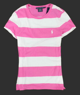 美國百分百【全新真品】Ralph Lauren 女生 短袖 T-shirt T恤 上衣 桃紅 條紋 L號 板橋門市 RL POLO