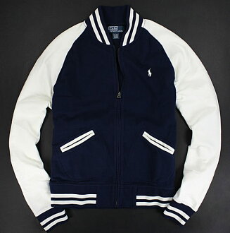 美國百分百【全新真品】Ralph Lauren RL Polo 深藍白 搭色 棒球外套 刷毛 運動風 夾克 男 L號