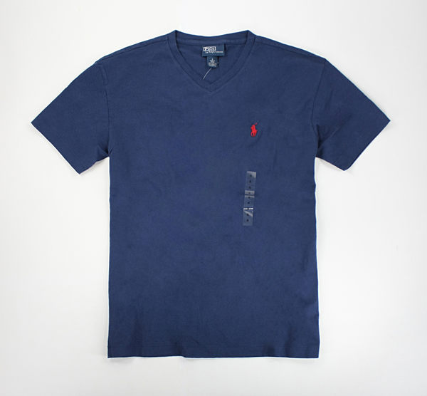 美國百分百【全新真品】Ralph Lauren RL 男款 POLO 素T 紅馬 logo V領 短T恤 T-shirt 復古藍 S M號