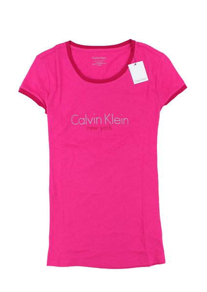 美國百分百【全新真品】Calvin Klein CK 女生 短袖 T恤 圓領 T-shirt 桃紅色 上衣 XS S M號 鑲鑽