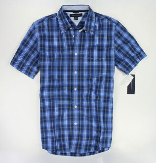 美國百分百【全新真品】Tommy Hilfiger 春夏 寶藍 亮色 格紋 男生 質感 短袖襯衫 上衣 S號 TH