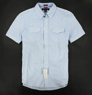 美國百分百【全新真品】Tommy Hilfiger TH 弧形雙口袋 條紋 合身 男 短袖 襯衫 藍色 S M L號