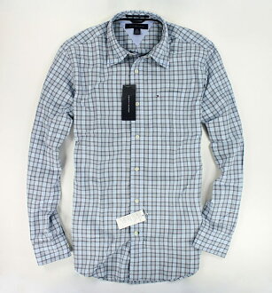 美國百分百【全新真品】Tommy Hilfiger TH 春天 淺藍 格紋 長袖 襯衫 男襯衫 上衣 S號 板橋門市