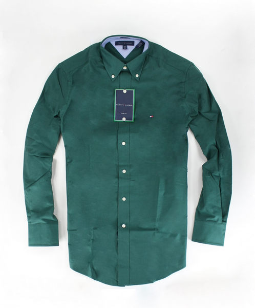美國百分百【全新真品】Tommy Hilfiger TH 男生 長袖 襯衫 上衣 素面 綠色 S號 可貨到付款