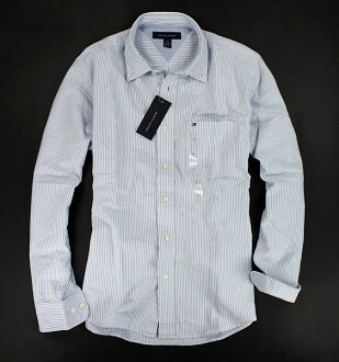 美國百分百【全新真品】Tommy Hilfiger TH 牛津布 質感 男款 條紋 長袖 襯衫 淺藍 口袋 XS S 號