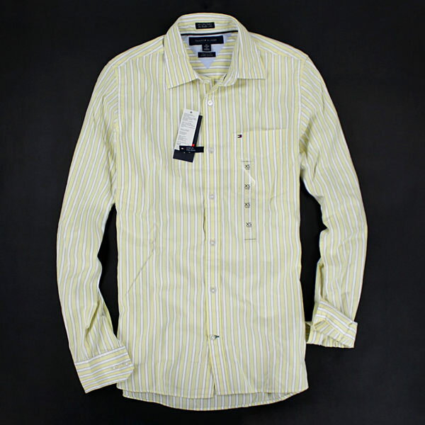 美國百分百【全新真品】Tommy Hilfiger TH 緞面 氣質感 淡黃 條紋 長袖 口袋 襯衫 XS S 合身版
