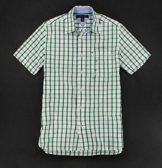 美國百分百【全新真品】Tommy Hilfiger TH 漸層綠 格紋 短袖 襯衫 上衣 男衣 XS S號 現貨 超取