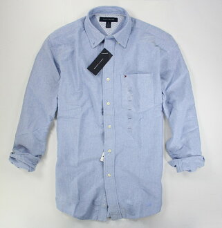 美國百分百【全新真品】Tommy Hilfiger TH 男 牛津布 口袋 長袖 上衣 素面 襯衫 藍色 板橋門市