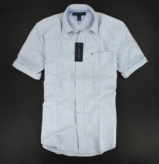 美國百分百【全新真品】Tommy Hilfiger TH 牛津 厚挺 質感 男款 條紋 短袖 襯衫 淺藍 XS S號