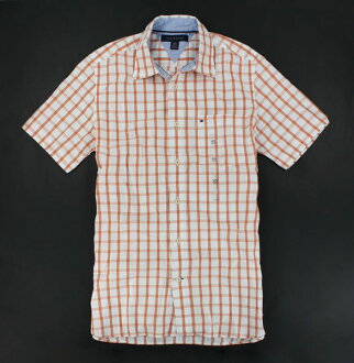美國百分百【全新真品】Tommy Hilfiger TH 漸層橘 格紋 短袖 襯衫 上衣 男衣 XS號 超商取貨